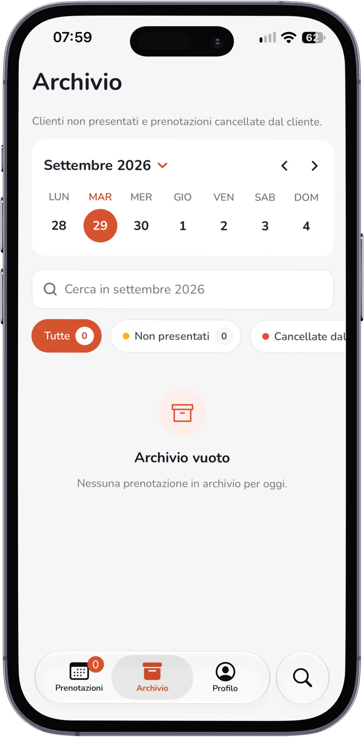 App MyCIA Booking: archivio delle prenotazioni passate con filtri per non presentati e cancellate dal cliente