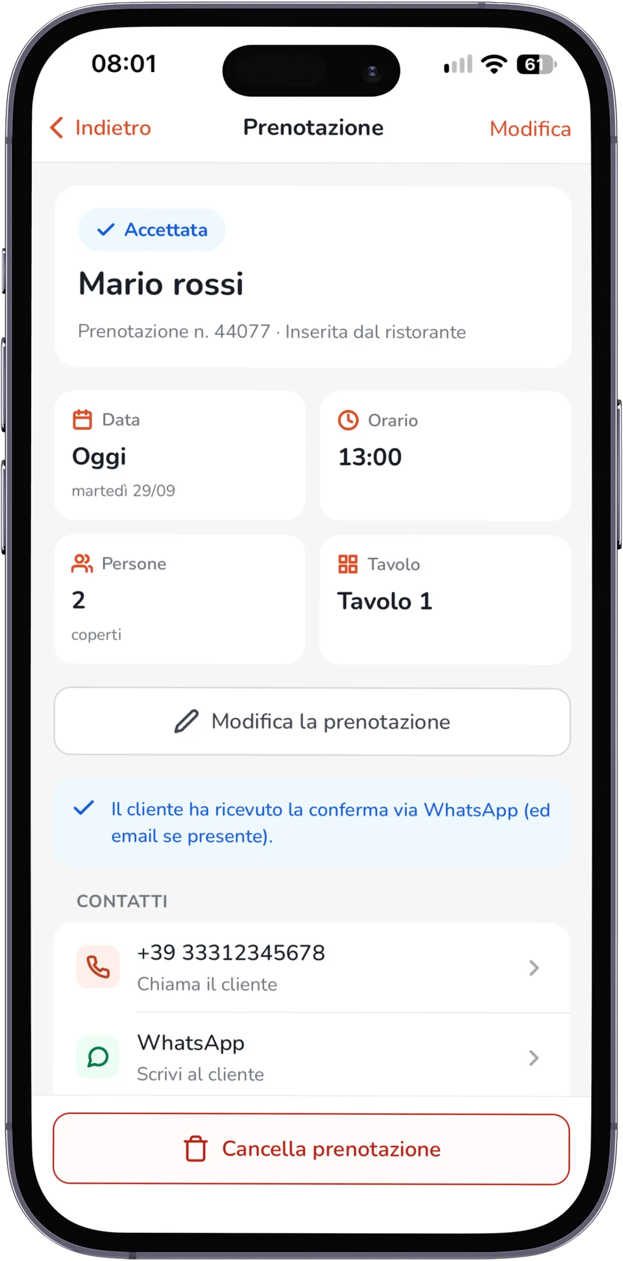 App MyCIA Booking: dettaglio di una prenotazione accettata con data, orario, persone, tavolo e contatti del cliente