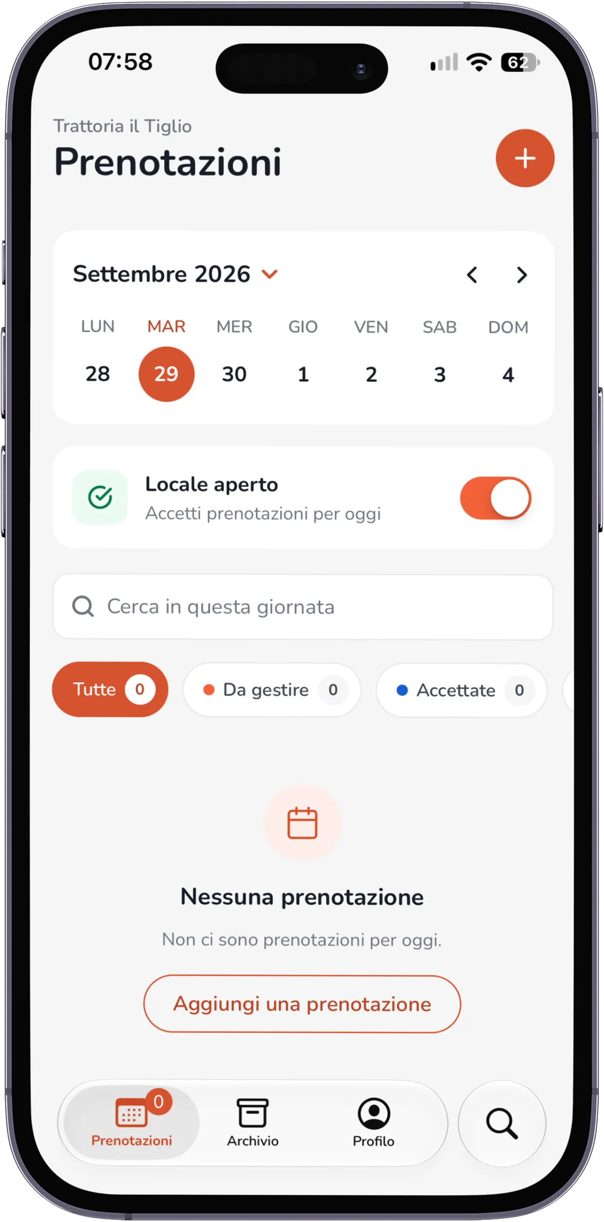 App MyCIA Booking for Restaurants: la schermata Prenotazioni con calendario della settimana, interruttore Locale aperto e filtri da gestire e accettate