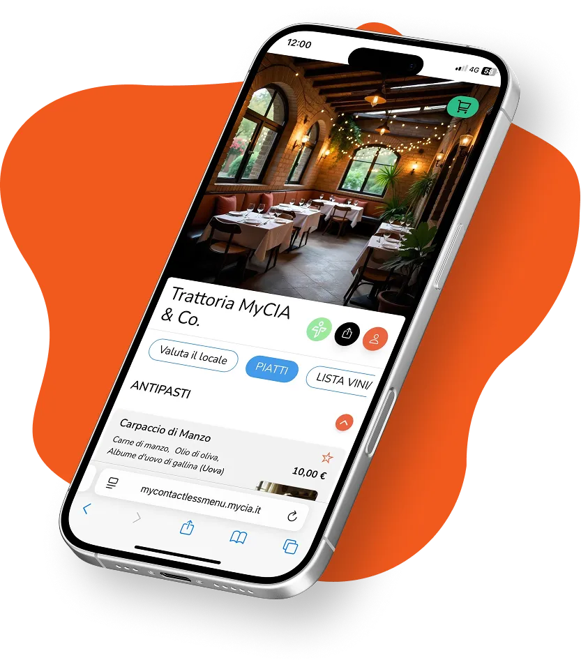 Menù digitale MyCIA su smartphone con ingredienti, allergeni e prezzi